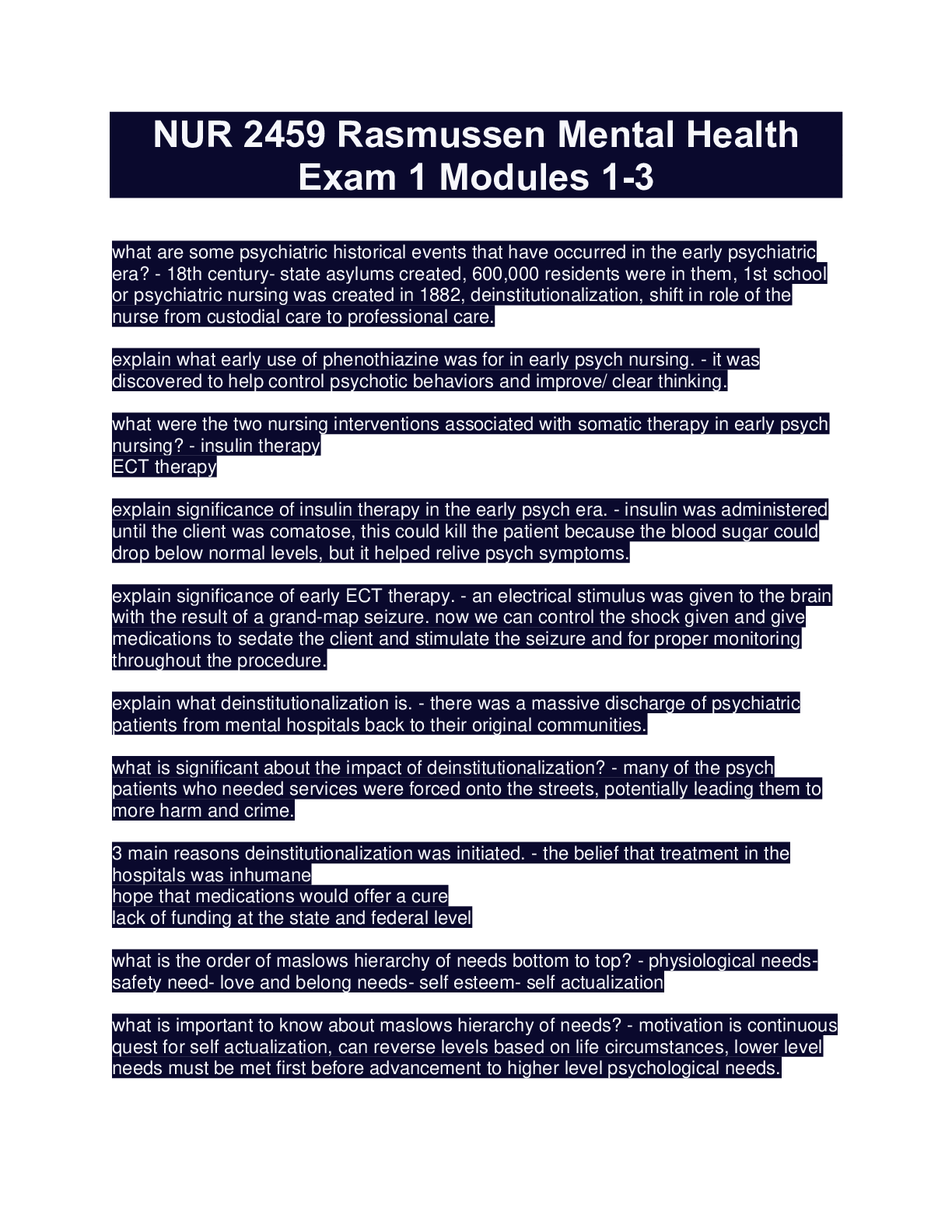 Preview image for NUR 2459 Rasmussen Mental Health Exam 1 Modules 1-3